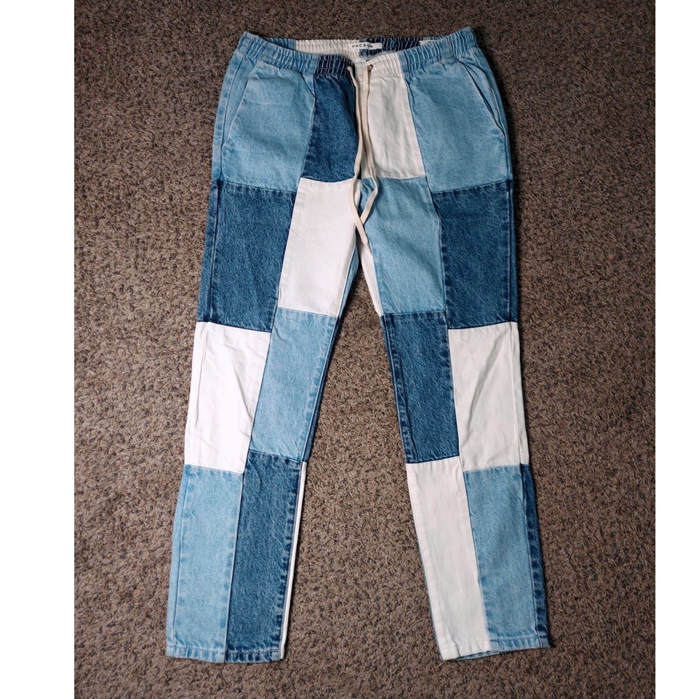 PacSun Patchwork Denim Joggers M Blue Women Streetwear Slim Elastic Waist Pants